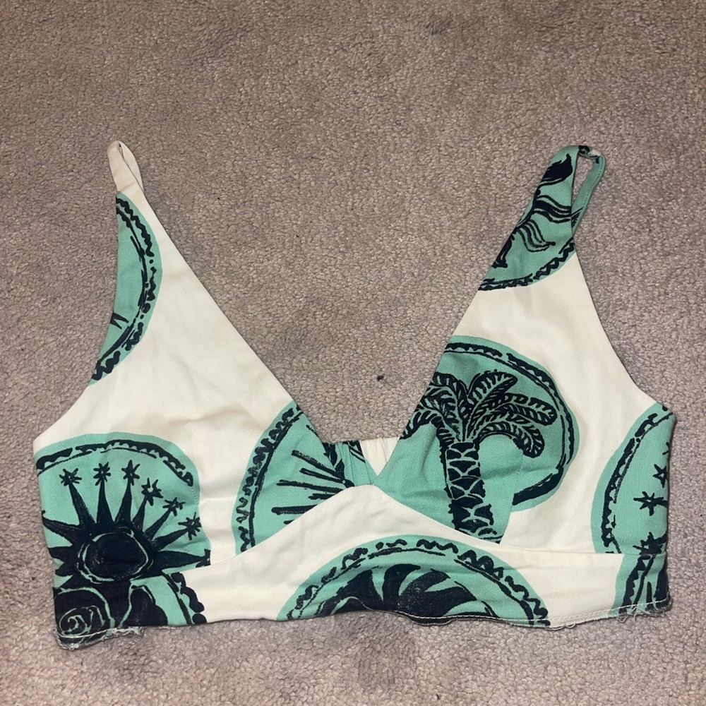 ZARA Green and White Patterned Crop Top